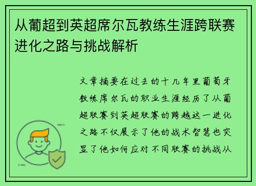从葡超到英超席尔瓦教练生涯跨联赛进化之路与挑战解析