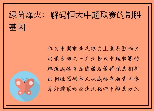 绿茵烽火：解码恒大中超联赛的制胜基因