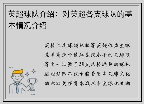 英超球队介绍：对英超各支球队的基本情况介绍