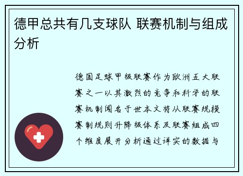 德甲总共有几支球队 联赛机制与组成分析