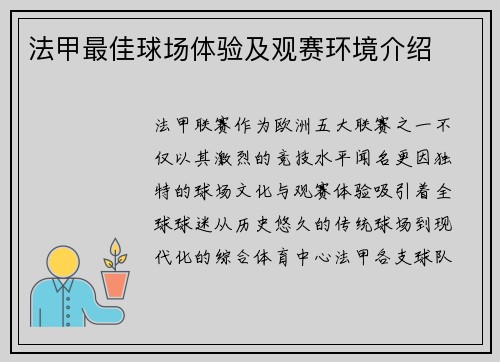 法甲最佳球场体验及观赛环境介绍